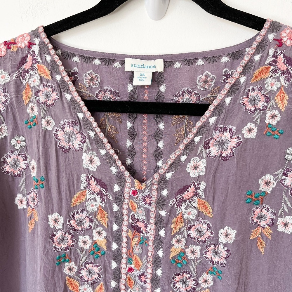 Sundance Ayla Purple Floral Embroidered V Neck Crinkle Shift Dress Womens XS - Picture 5 of 13
